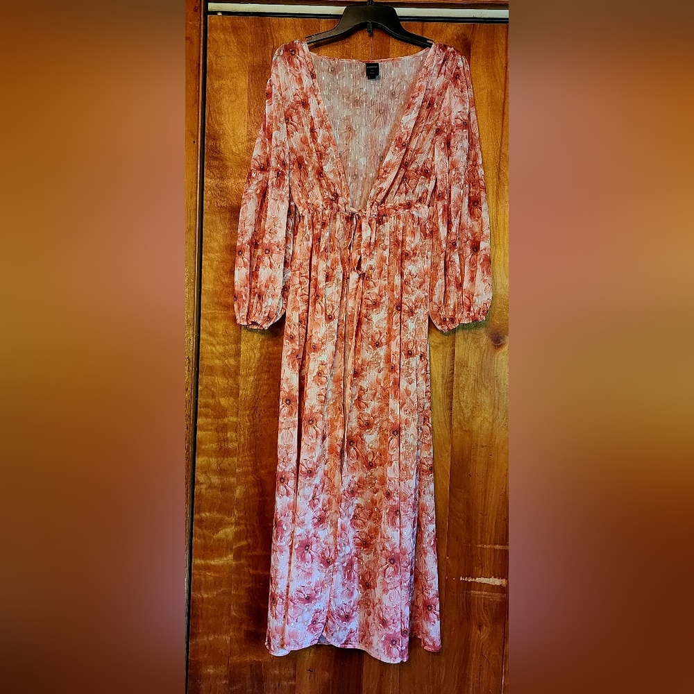 Express Floral Long Sleeve Tie Waist Cover Up, Duster, Pink, Size Small/Medium